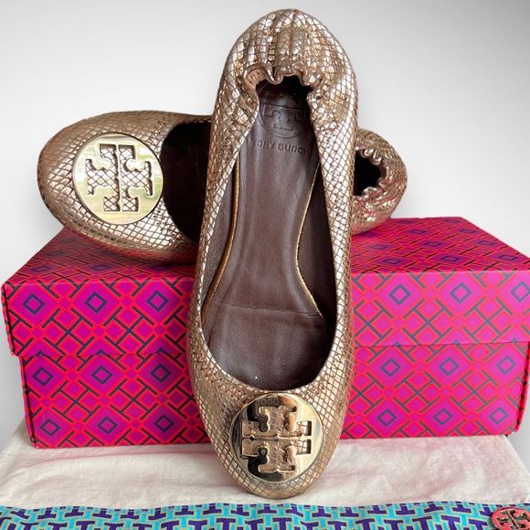 Tory Burch Gold Snakeskin Embossed Leather Reva Logo Ballerina Flats Sz 7(M) - Picture 14 of 14